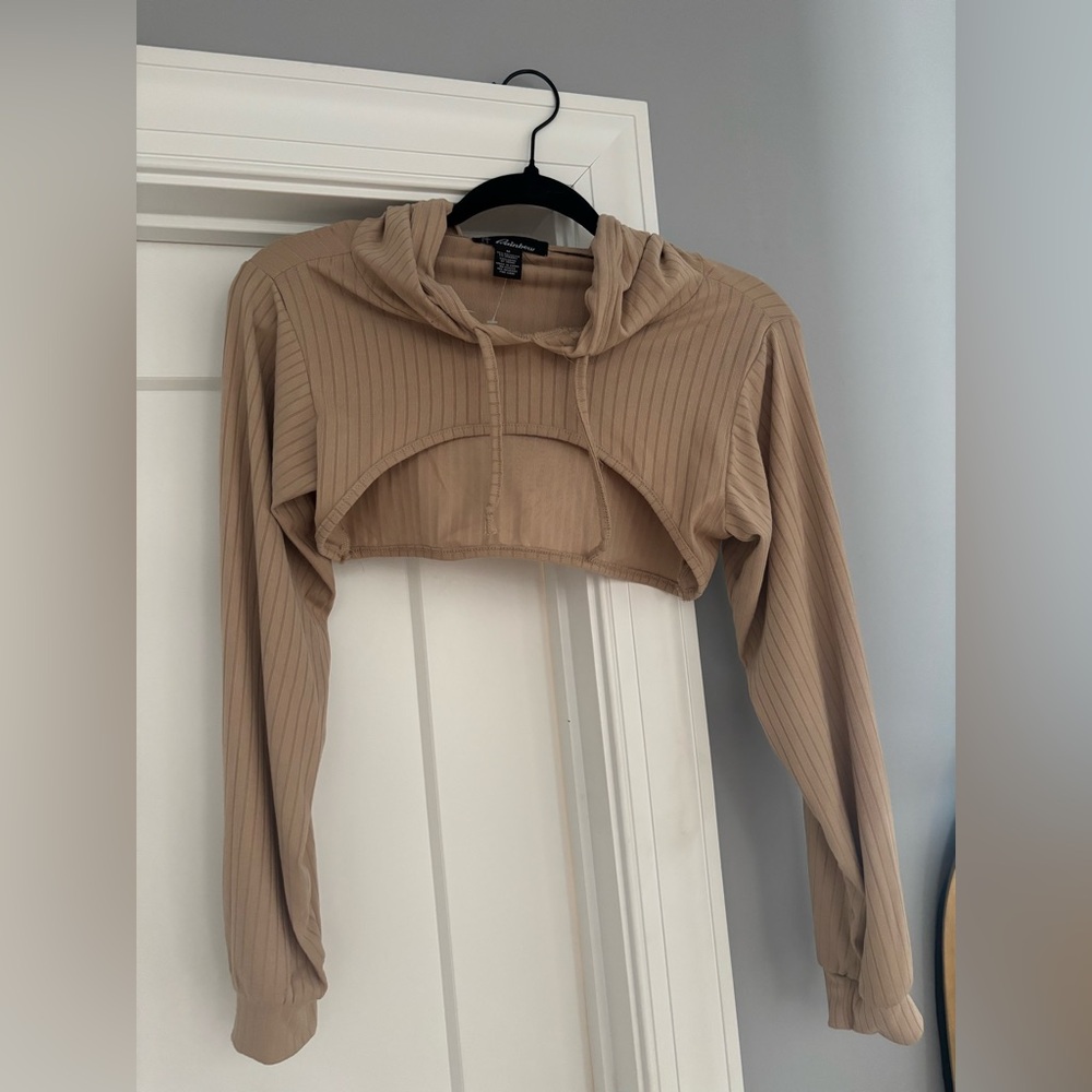 Rainbow Tan Ribbed Cropped Hoodie